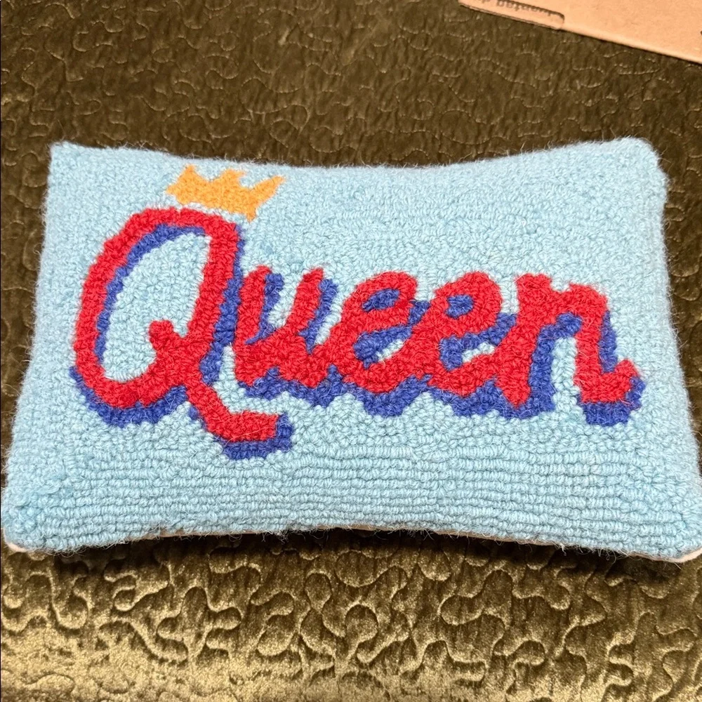 T.J.Maxx Light Blue 'Queen' Accent Pillow with Red, Purple, and Gold Details